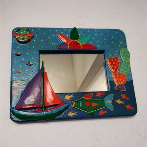 Hand Painted Wooden Folk Art Mirror, Miniature Colorful Wall Hanging Decor